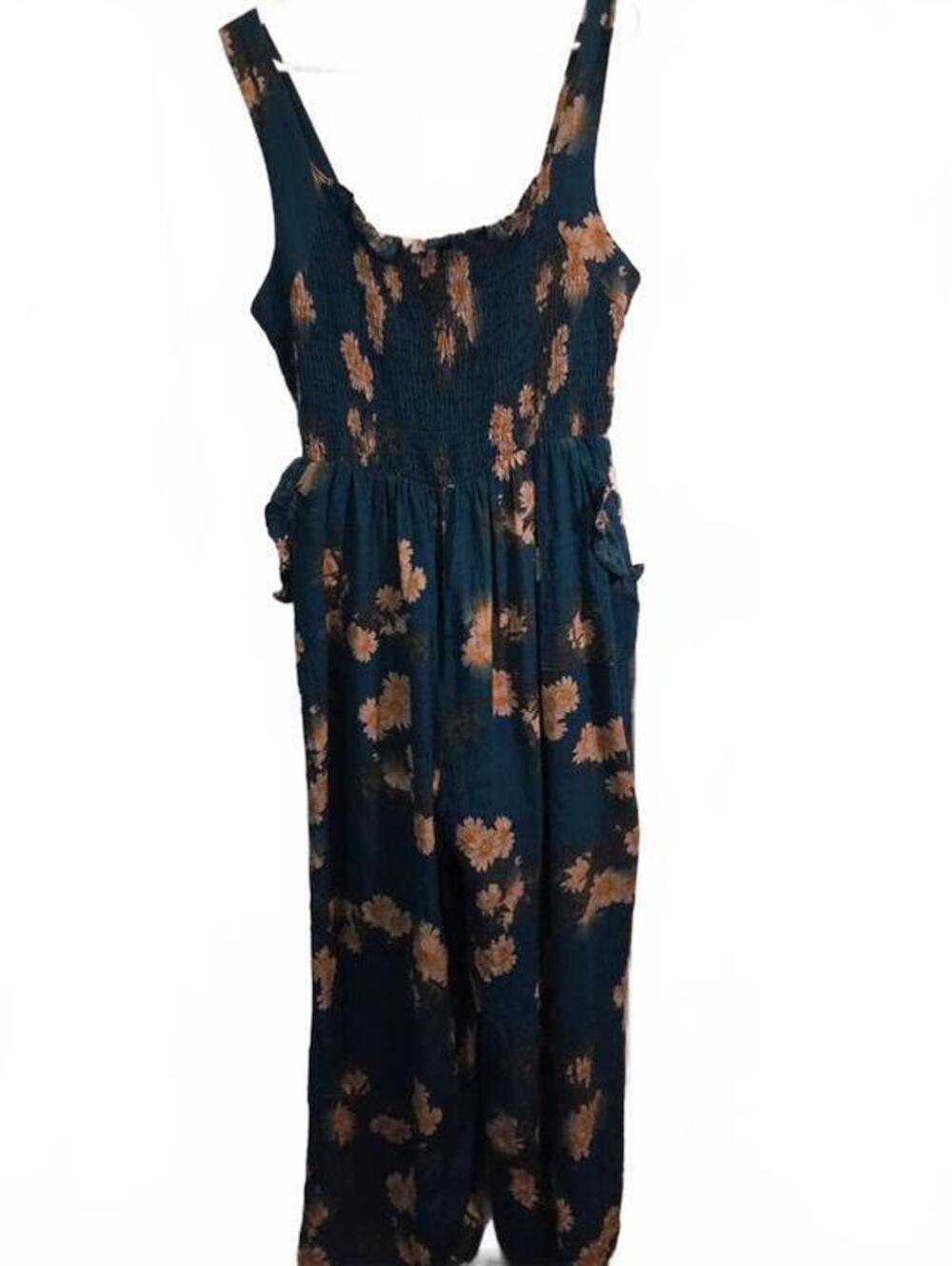 Davi & Dani Floral Wide Leg Jumpsuit Large Teal Daisy Smocked Bodice